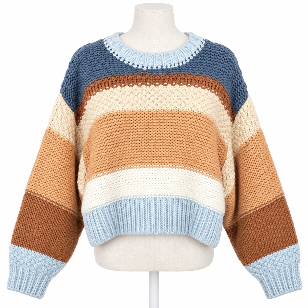 Simply Southern Chunky Knit Striped Cropped Sweater Size XL Blue Tan Preppy Ivy